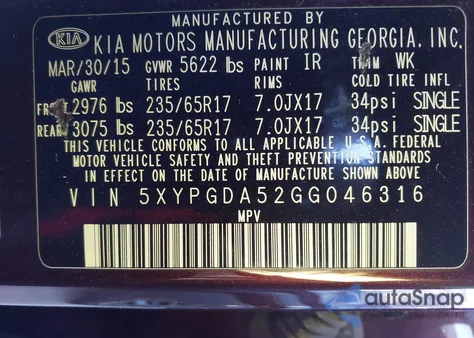 2016 Kia Sorento 3.3L Lx z USA, uszkodzony, nr VIN 5XYPGDA52GG046316